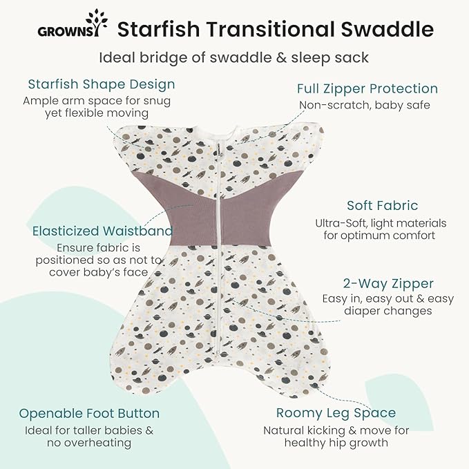 GROWNSY Transitional Swaddle Sleep Sack 6-12 Months, Starfish Design Baby Swaddle Sack, Dual-Zipper for Easy Diaper Changes, Proper Hip Development & Openable Foot Button, 19-27 lbs, Space Tourism