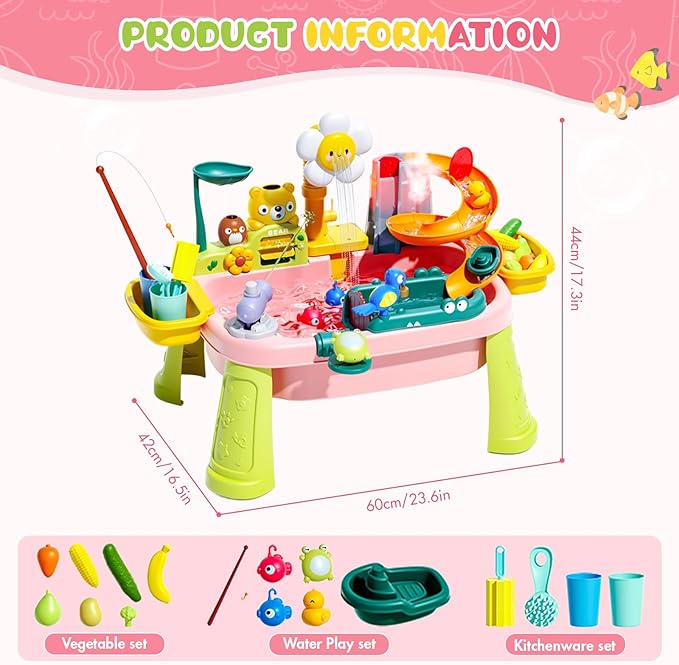 2026 Upgraded Toddler Sand Water Table Toy with Electric Water Pump, Kids Sand Water with Faucet/Play Food Accessories/Fishing Toy, Kitchen Play Sink Toys for Girl Boy Age 3+ (Pink)