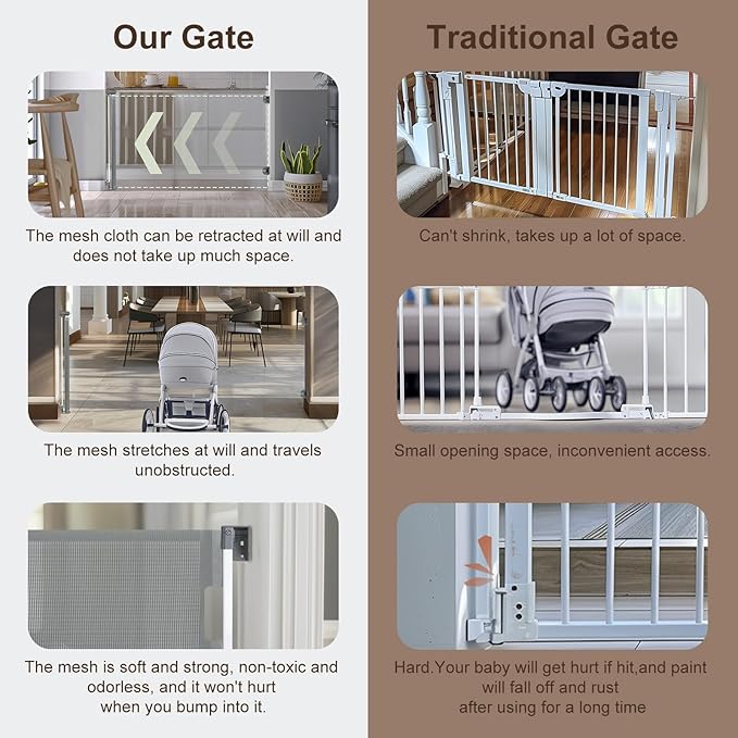 Retractable Baby Gates for Stairs, Dog Gate Indoor Extends to 55" Wide 34" Tall, Child Gates for Doorways, Stair Gate Use for Outdoor, Indoor, Hallways, Doorways, Deck, Porch(Grey)