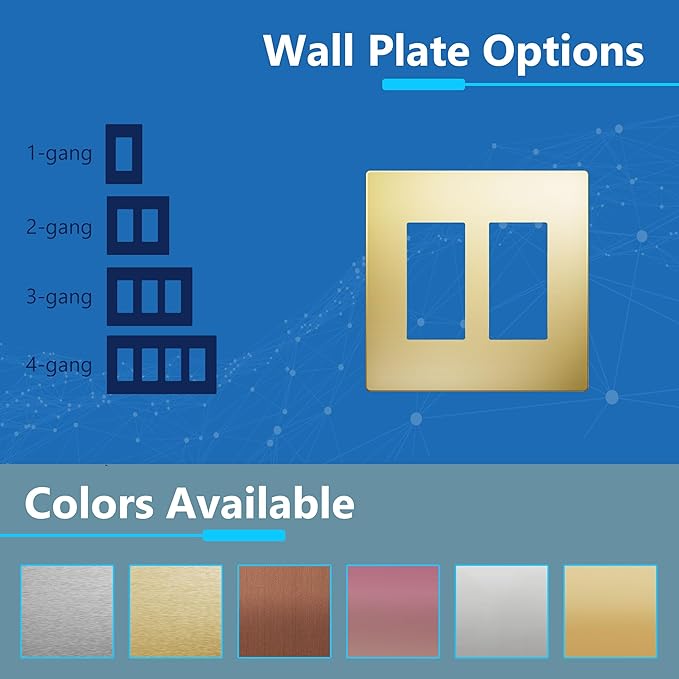 LIDER Double Decorator Metal Wall Plate, Temperature and Impact Resistant, 201 Stainless Steel, Screwless Cover, Modern Upgrade, Mid-Size 2-Gang 4.88” x 4.92”, Polished Brass, LSMWP-32M-PB
