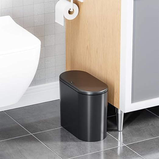 Yieach Black Slim Bathroom Trash Can With Lid 3.17 Gallon,Skinny Small Kitchen Garbage Can and Pet/Dog Proof Trashcans for Office,RV,Bedroom and Dorm,12L Plastic Covered Trash Can and Wastebasket,2PCS