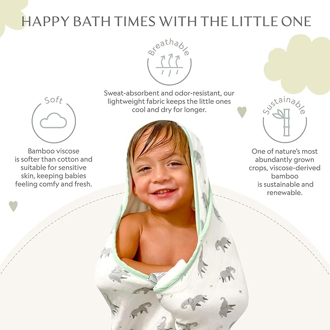 Bamboo Viscose Baby Hooded Towel & Washcloth Set for Babies and Toddlers, Soft & Absorbent, 70% Viscose from Bamboo, 30% Cotton Muslin - Imported (Elephant)
