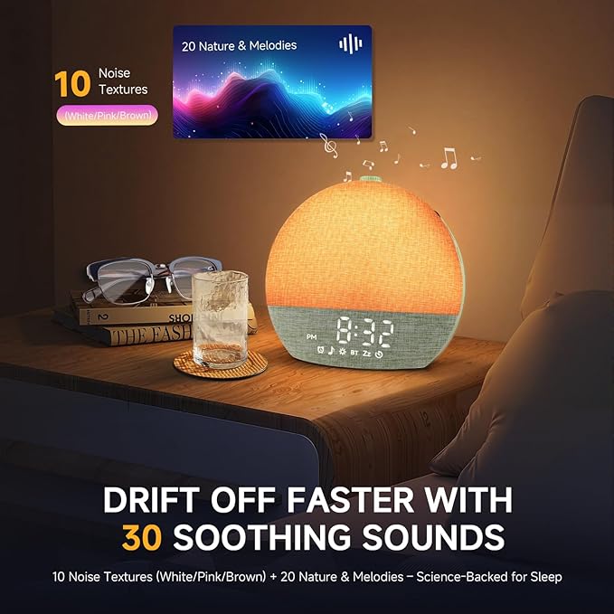 Sunrise Alarm Clock White Noise Sound Machine for Bedroom | Natural Wake-Up Light with 30 Soothing Sleep Aids, Bluetooth Speaker, Dimmable Clock, Screen-Free Design for Baby Adults Kids-Green