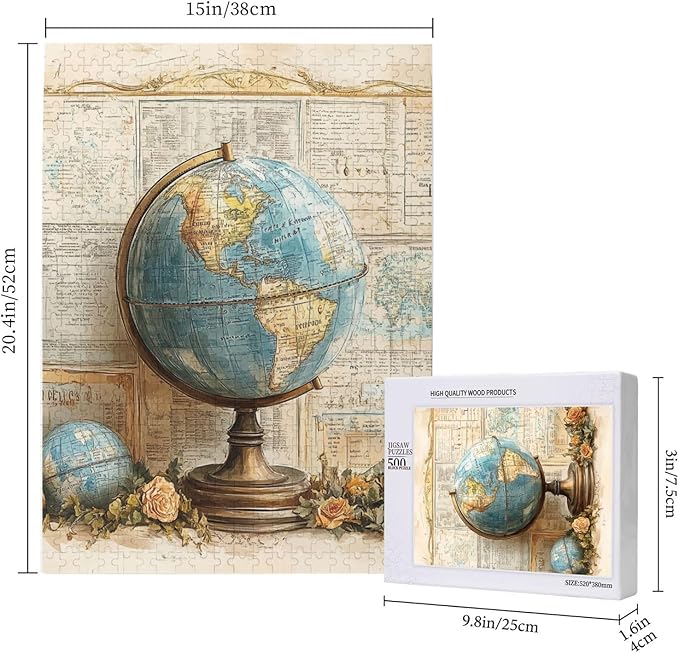 Elegant Globe Puzzle，World Map Inside, Vintage Backdrop, and Rose Detailing，500 Piece Adults Wooden Jigsaw Puzzle，Puzzles Suitable for Entertaining with Family During Holidays
