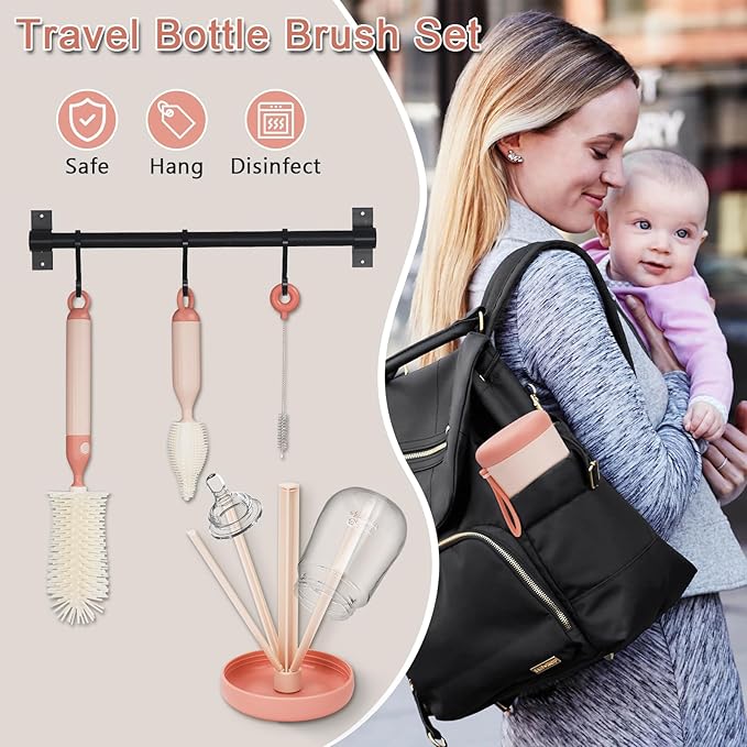 Travel Bottle Cleaner kit, 7 in1 Electric Baby Bottle Brush Cleaner Set with Silicone Brushes, Soap Dispenser, Drying Rack, Storage Box and Gap Cleaning Brush for Home Picnic Travel Outdoo