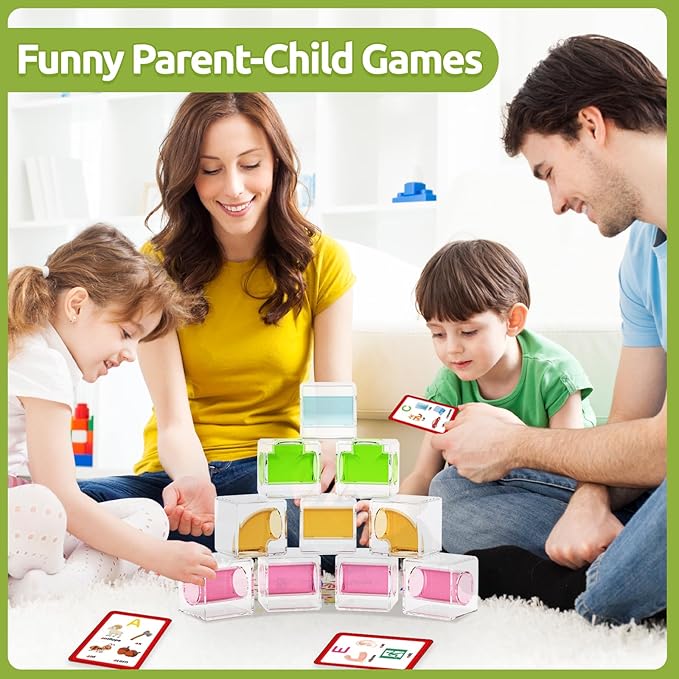 36 PCS Stacking Blocks – 1.6 Inch Transparent Building Cubes with Learning Cards, Pipe Tube for Marble Run, STEM Educational Toy for Kids 3+, Sensory Gift for Boys & Girls