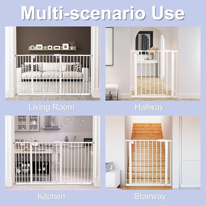 Kinfant Extra Wide Baby Gate - 58-Inch White Doorway & Stair Gate, Tall & Adjustable Extension Pressure Pet Gate, with Extension Kit, Pressure Mount Kit, Wall Cups