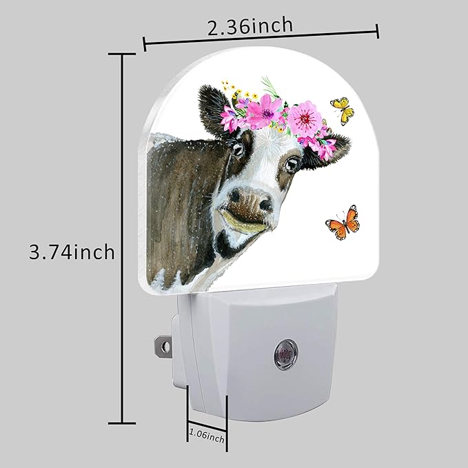 Night Light Plug into Wall Watercolor Cow with Wreath Dusk to Dawn Sensor for Kid Girls Boys Women Men Room Decor, Hallway, Kitchen, Bathroom, Nursery, Stairs