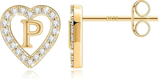 Anoup Christmas Gifts for Grandkids Girls Earrings - S925 Sterling Silver Post CZ Hypoallergenic Stud Heart Initial Earrings for Women Kids Jewelry Stocking Stuffers for Teen Girls Birthday Gifts