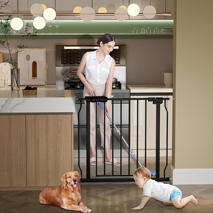 Extra Wide Baby Gate Extra Wide Extra Tall Dog Gates for Stairs Doorways Black Metal Tension Indoor Safety Gates with Pressure Mount 53-57.5 Inch