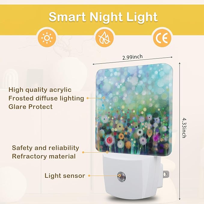 Abstract Watercolor Flower Night Light with Dusk to Dawn Light Sensors, Plug-in Wall Led Night Lights, Energy Efficient Lamp for Bedroom/Bathroom/Kitchen/Hallway/Stairs
