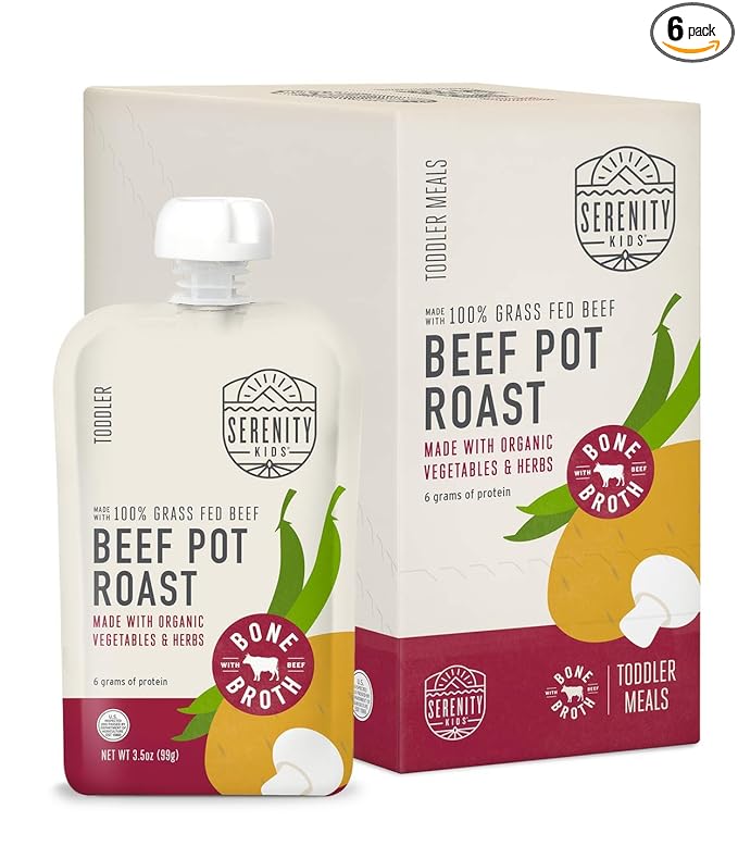 Serenity Kids Beef Bone Broth Puree with Organic Veggies - Protein-Rich BPA-Free Pouches & Grass Fed Beef Baby Food - Clean Label Project Purity Award Certified - 3.5 Oz, 6 Pack