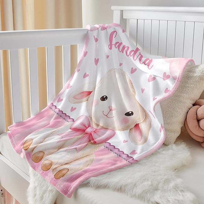 Personalized Baby Blanket for Girls, Custom Baby Blanket with Name, Soft Cozy Personalized Name Blankets for Kids, Customized Sheep Blanket for Infant Toddler Birthday Christmas
