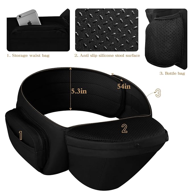 Baby Carrier Newborn to Toddler,Baby Carrier with Hip Seat,Ergonomic, Safety-Certified Baby Hip Carrier with Foldable Neck Support Pod,12 in 1 Baby Holder Carrier with Adjustable Waist Belt-Black