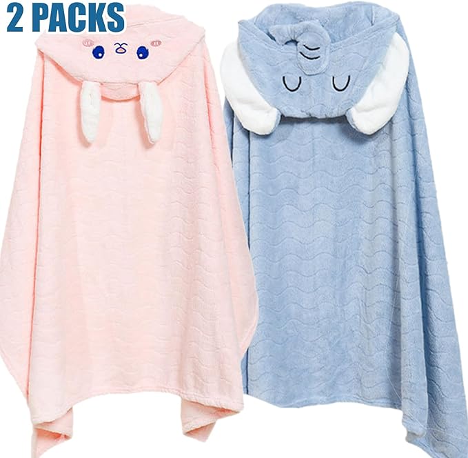Hooded Baby Towels 2 Pack Coral Fleece, Luxuriously Thick Hooded Towels Soft Shower Bath Towel for Newborn, Infant, Toddler (Blue & Pink)