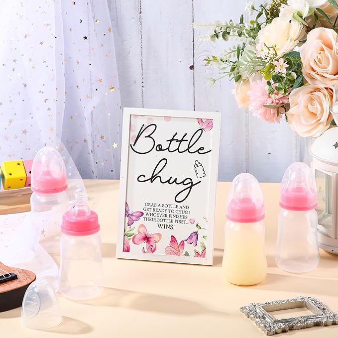 Roowest Bottle Chug Baby Shower Game Favors Including Pink Butterfly Theme Wooden Sign and 18 Pcs Feeding Bottles for Gender Reveal Party Supplies