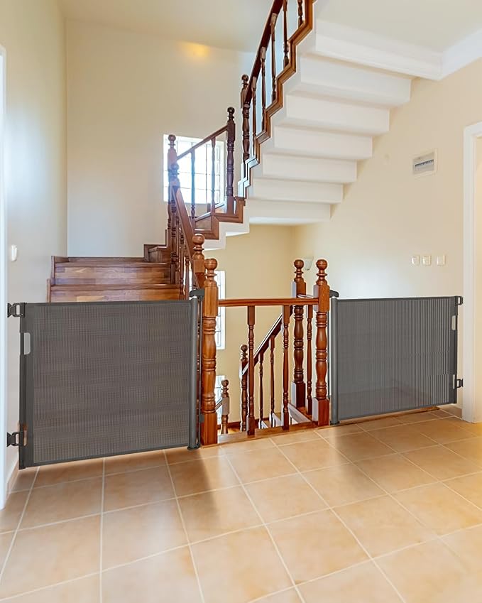 (2 Pack) Retractable Baby Gate for Doorways and Stairs, Mesh Safety Gate for Pet, Indoor & Outdoor Use, One-Hand Operation, Easy Installation, 33.6" Tall, Expands to 55" Wide（Grey,33.6"x55"