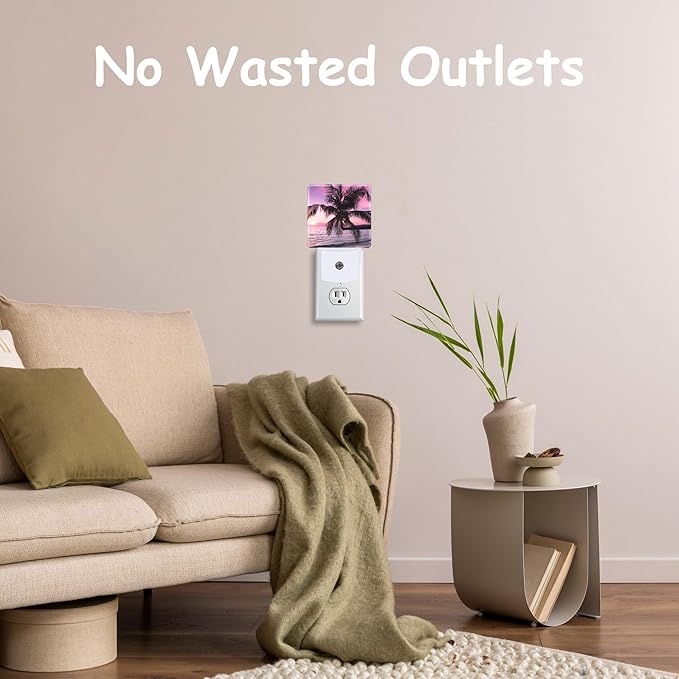 Purple Sunset with Palm Tree Plug Night Light,Tropical Beach Night Light Lamp Auto Sensor Energy Efficient Dusk to Dawn Lights for Girls Boys Women Room Decor,Hallway,Kitchen,Bathroom,Nursery,Stairs