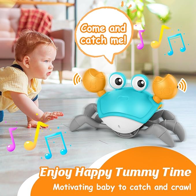 Crawling Crab Baby Toy, Upgraded Tummy Time Gifts for Newborn Babies 3-6 6-12 Month, Light-Up Walking Dancing Moving Crab with Music & Obstacle Avoidance, Rechargeable Sensory Development Toy (Green)