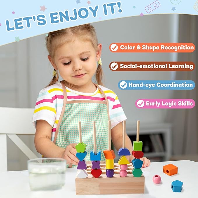 3 in 1 Montessori Wooden Beads Sequencing Toy Set Color Sorting Stacking Geometric Shape Matching Game Beads Sequencing Toy Lacing Beads Stem Fine Motor Skills for Toddlers