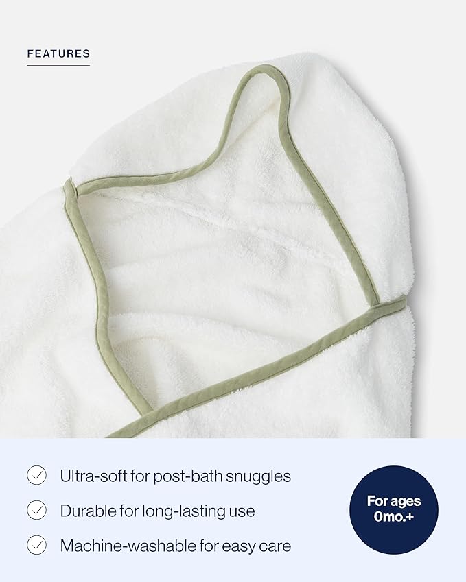 Lalo The Hooded Towel - 100% Organic Cotton, Soft on Sensitive Skin, Cozy & Absorbent, Machine Washable Baby Hooded Bath Towel - Sage