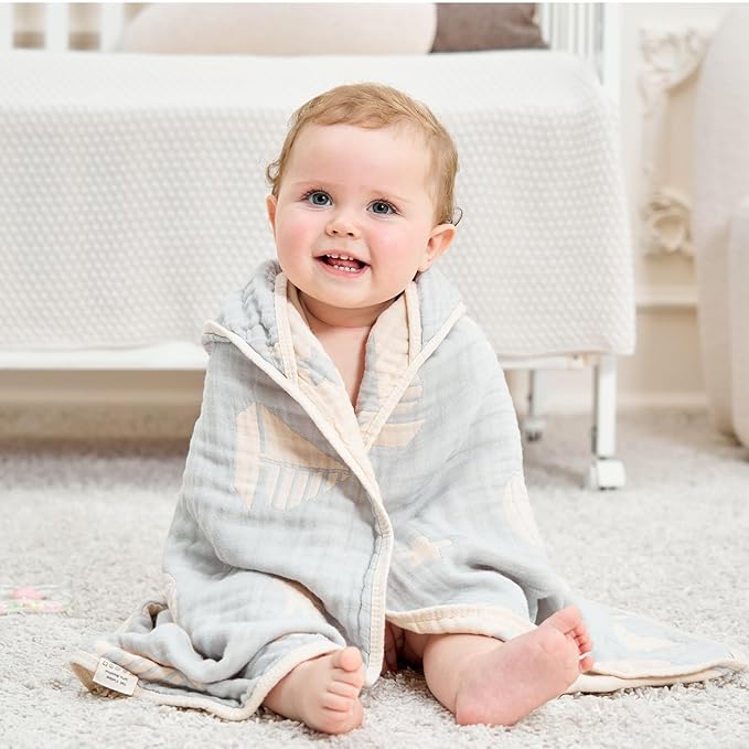 Ultra-Soft Muslin Baby Hooded Towel - 32 x 32 Inches, Ideal for Bath & Beach, Suitable for Both Boys & Girls from Newborns to Toddlers