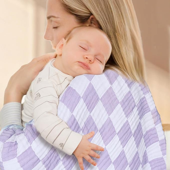 Muslin Swaddle Blankets, Ultra Soft Checkered Receiving Blankets for Baby Boys and Girls, 43 x 43 Inches Baby Swaddle Neutral Wrap 70% Cotton and 30% Rayon Purple