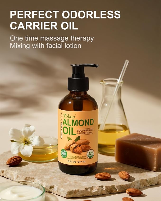 Organic Almond Oil 8 fl oz, USDA 100% Pure Natural Cold Pressed Almond Oils in Glass Bottle, Moisturizing Carrier Oil for Face, Hair & Body - Ideal for Skin Care, Soothing Massage & DIY Beauty