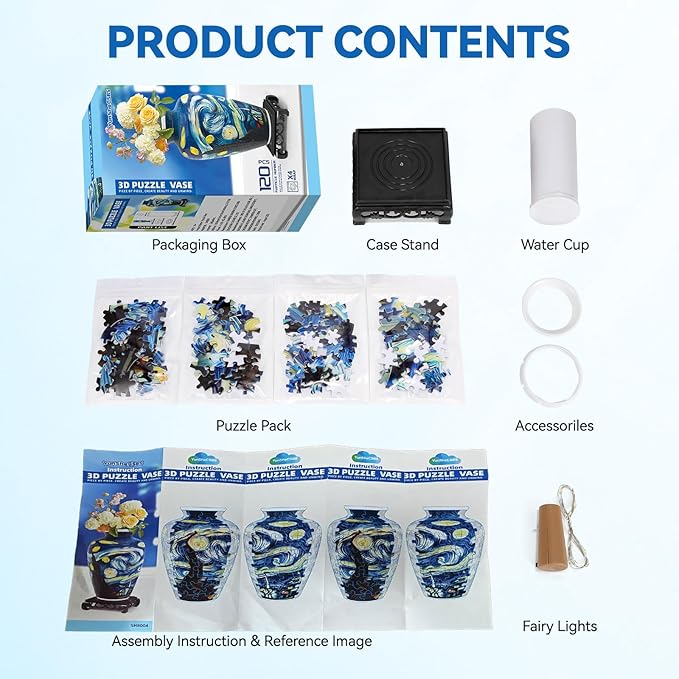 3D Puzzles Vase for Adults, Crafts for Adults, 120 Pieces Plastic DIY Unique Flower Vase with LED Light House Warming Gift Birthday Gifts for Flower Arrangements and Home Decor (Blue)