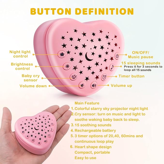 A13 White Noise Machine & Baby Sleep Soother with 15 Soothing Sounds & Projector LED Star Night Light, Cry Sensor, Rechargeable Lithium Battery, Portable for Baby Gifts, Children, Toddlers (Pink)