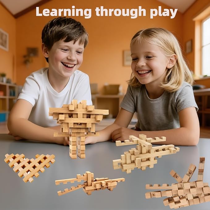 15 in 1 Educational Wooden Building Blocks - Mortise and Tenon Assembled into 15+ Various Shapes, STEM Toys Gift for Kids and Classroom, DIY Building Toys for Ages 5+ Teens Adults - 42 Pcs