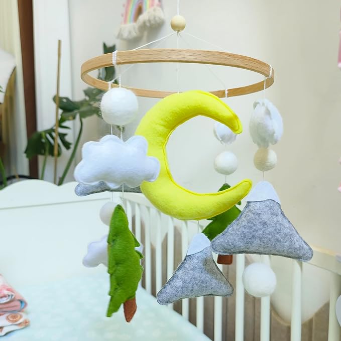 Moon Baby Mobile for Crib, Felt Baby Crib Mobile for Boys Girls, Baby Mobile for 0-5 Months,Nursery Decor Theme for Infant Bedroom Hanging(Mountain Cloud Mobile Hanger)