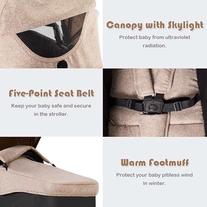 BABY JOY Baby Stroller, 2 in 1 Convertible Carriage Bassinet to Stroller, Pushchair with Foot Cover, Cup Holder, Large Storage Space, Wheels Suspension, 5-Point Harness (Light Coffee)