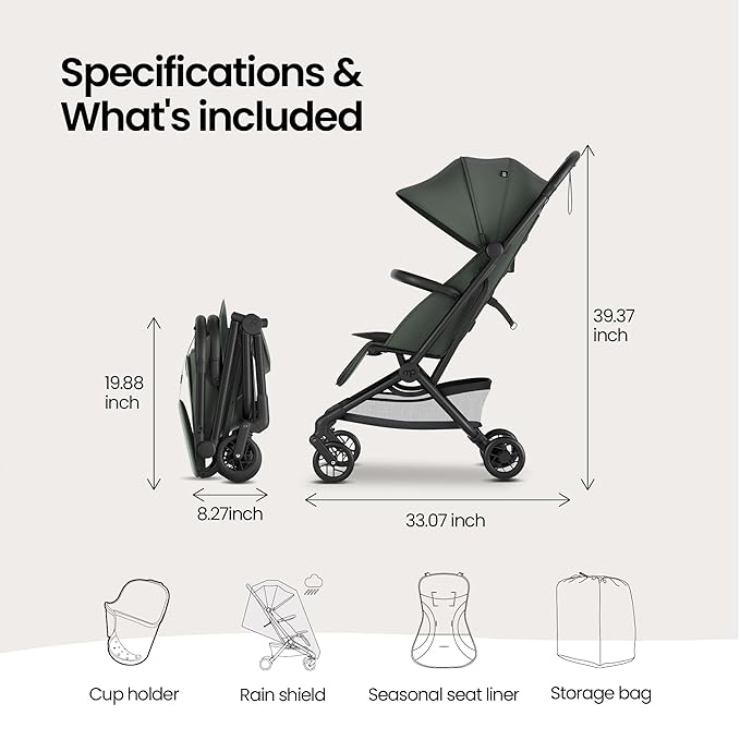 Mompush Velo Lightweight Travel Stroller, Compact & Airplane-Friendly for Baby and Toddler, Lie-Flat Seat, One-Hand Fold, with Leather Bumper Bar, Shoulder Strap, Raincover, Storage Bag & Cup Holder