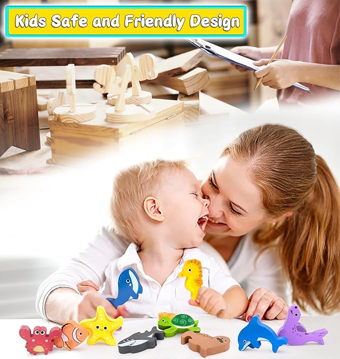 Wooden Animal Puzzles Toys for Toddlers,12 Pcs Sea Animals Figures,Animal Matching Sorting Stacking Toy for Boys Child Girls,Educational Learning Toys Gift for Kids