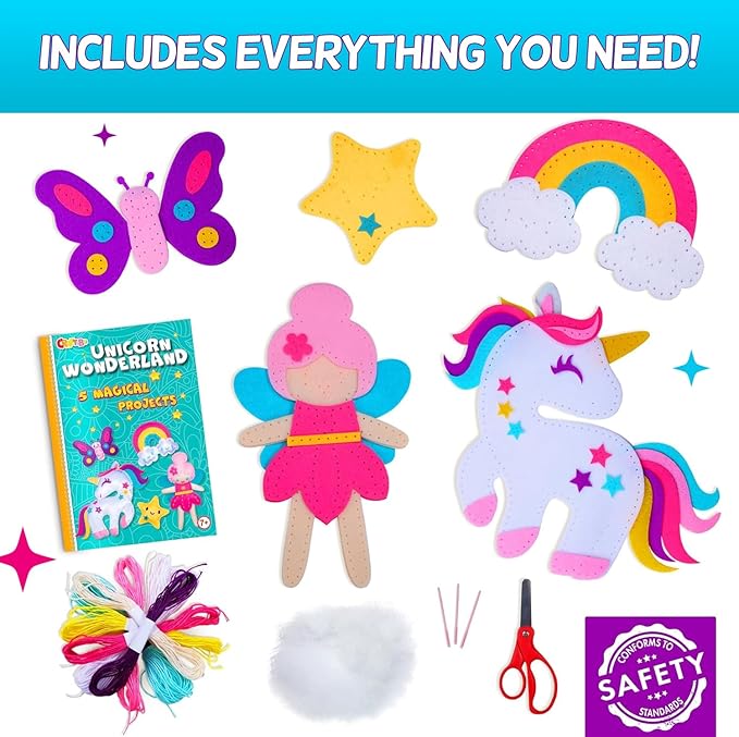 CRAFTSBEE Magical Unicorn Sewing Kit for Girls 7+ - Create 5 Adorable Felt Animals & a Cozy Pillow - Fun, Easy, and Educational DIY Craft