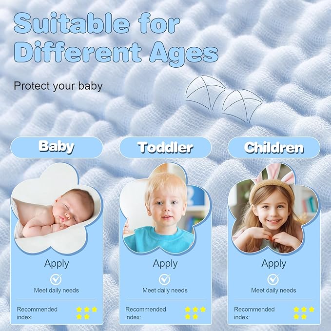 MUKIN Baby Hooded Towels, Muslin Cotton, 2-Pack, for Newborn, Infant, Toddler and Kids (White,Blue)