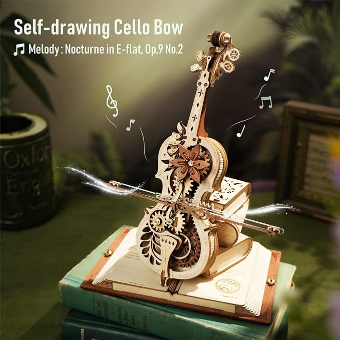 ROKR 3D Puzzles for Adults 1:5 Scale Cello Model Kit with Base 199pcs Wooden Music Box Building Kit Desk Gift for Men Women Hobby for Adults
