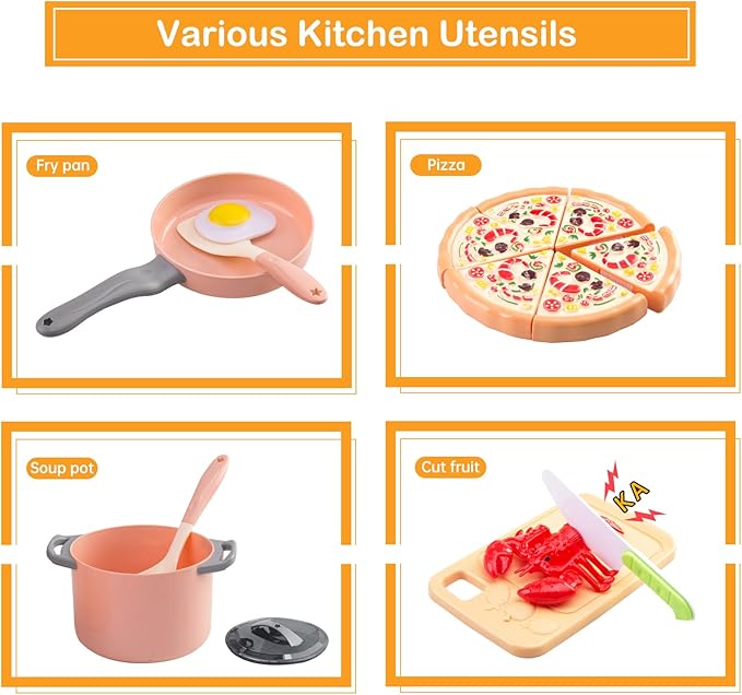 80pcs Pretend Play Kitchen Set for Toddlers, Kids Cookware Playset with Pots/Pans/Food/Fruits/Vegetables/Picnic Blanket/Storage Basket, Pink Educational Learning Toy Gift for Boys & Girls
