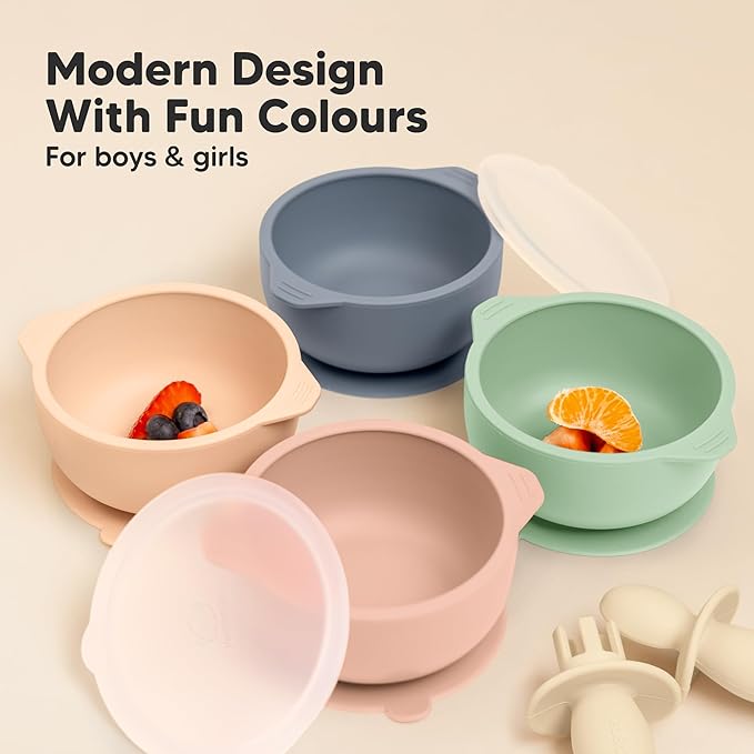 KeaBabies 2-Pack Baby Bowls with Suctions, Lids - Silicone Toddler Suction Bowls for Baby Boy, Girl, Kids, Food Grade Silicone, BPA-Free, Dishwasher Safe, Toddler Eating Essentials (Mellow)