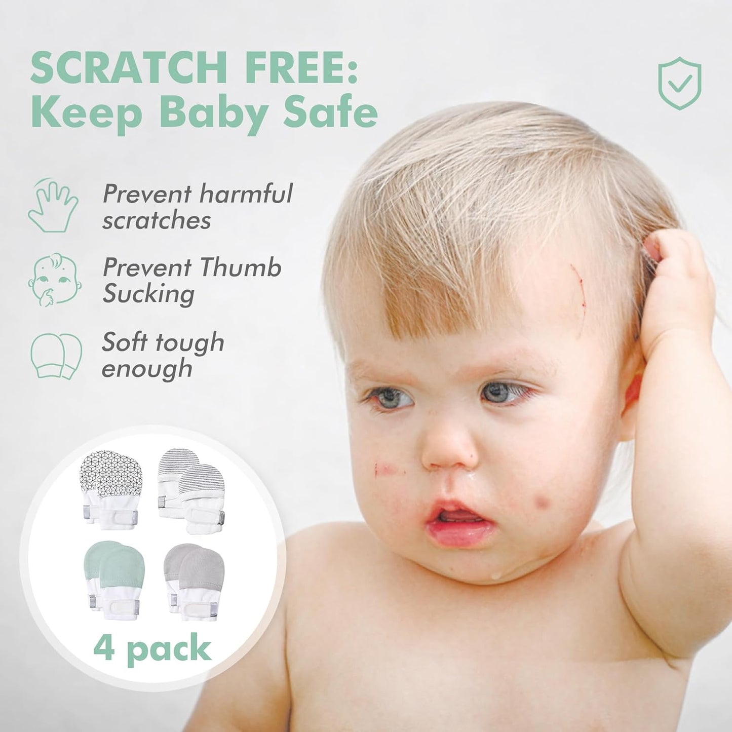 HAPIU Baby No Scratch Mittens Stay On, 100% Cotton Breathable, Adjustable Infant Gloves for Boys Girls, Newborn - 12 M