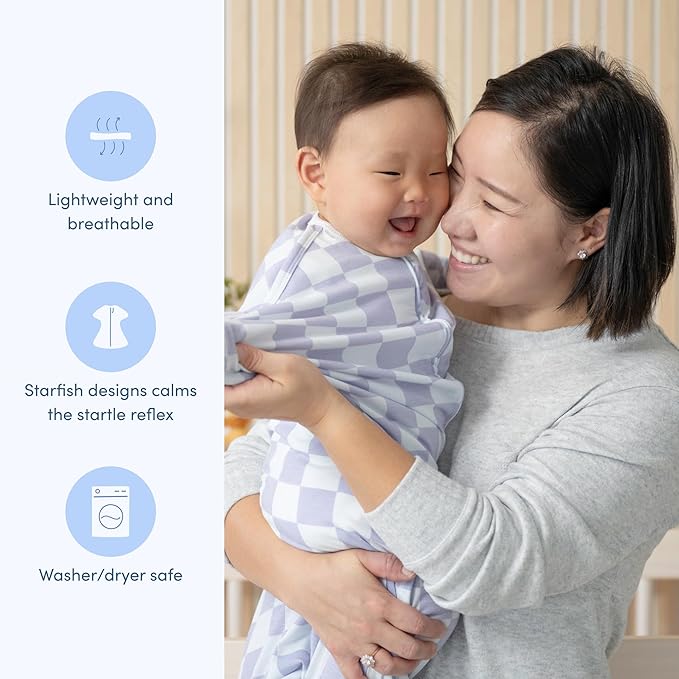 SleepingBaby Zipadee-Zip Transition Swaddle - Cozy Baby Swaddle Blanket with Zipper Convenience - Roomy Wearable Blanket for Easy Diaper Changes - Lavender Check, Small (4-8 Month)