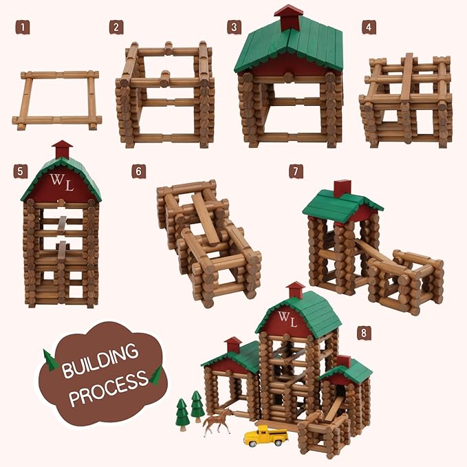 Wondertoys 330 Pcs Wooden Log Set Real Wood Logs Classic Building Log Ages 3+ Best Retro Building Gift Set for Boys Creative Construction Engineering Educational Gifts