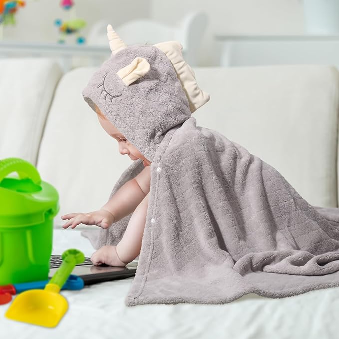 Toddler Towels for Boy 1-5,2 Pack 50" x 32" Baby Hooded Towel Boys, Ultra Thick and Soft Absorbent for Kids Cozy and Warm,Bath Essential for Newborn, Infant, Brown Bear& Gray Unicorn