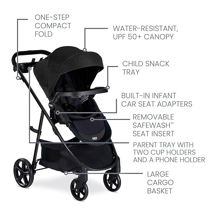 Britax Willow Brook S+ Travel System, Infant Car Seat and Stroller Combo with Alpine Base, ClickTight Technology, SafeWash Insert and Cover, Raven Black