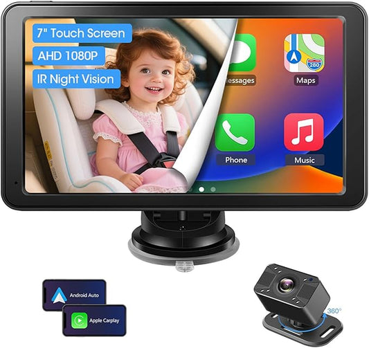 Baby Car Camera 7" AHD Car Baby Monitor with with Apple CarPlay & Android Auto 1080P Car Camera for Baby with Ultra Night Vision 150° Wide Angle, Invisible Infrared Lights【Limited-Time】