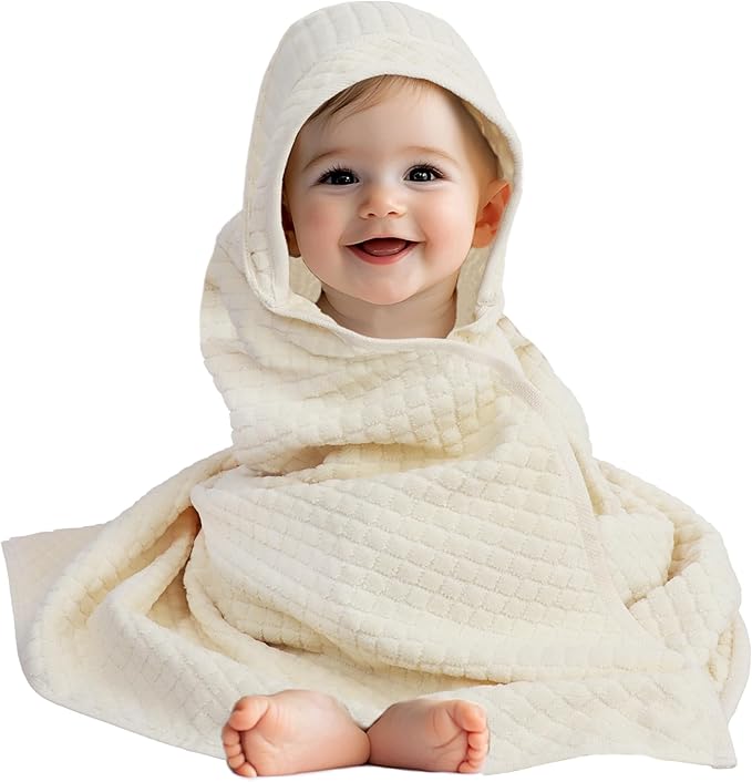 ORIGINAL KIDS Hooded Baby Towel - 100% Cotton Luxurious Jacquard Velour Baby Bath Towel with Hood - Boys Girls Infant Toddler - 550 GSM Soft Absorbent Newborn Bath Essentials - Large 30x30 - Ivory