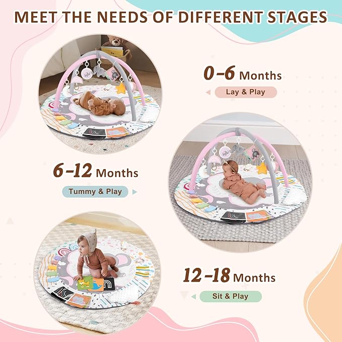 Baby Play Gym & Activity Mat, Tummy Time Mat with Tummy Time Pillow 7 Detachable Sensory Toys and Educational Cards for Motor Skills & Sensory Development, Baby Essentials Shower Gift, Pink Elephant