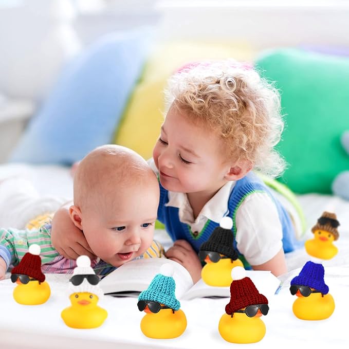 Chivao 48 Pcs Mini Rubber Duck in Bulk with 48 Sunglasses and 48 Knitting Hats Sets, Duck Bath Rubber Ducky Bathtub Toys for Cruise Birthday Baby Shower Bath Pool Party Carnival Game Gift