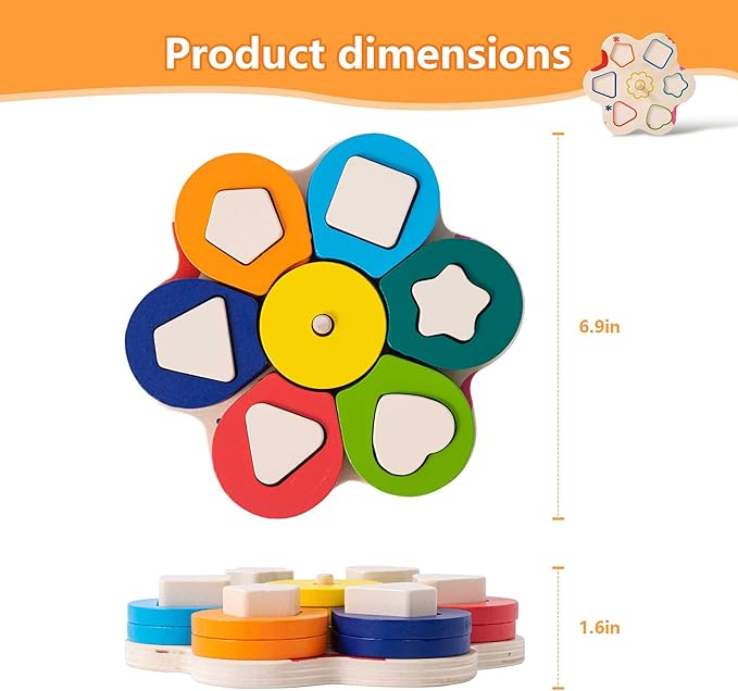 Montessori Toys for 3 to 9-Year-Old Boys Girls Toddlers, Wooden Sorting & Stacking Toys for Toddlers and Kids Preschool, Educational Color Recognition Shape Sorter, Learning Puzzles Gift